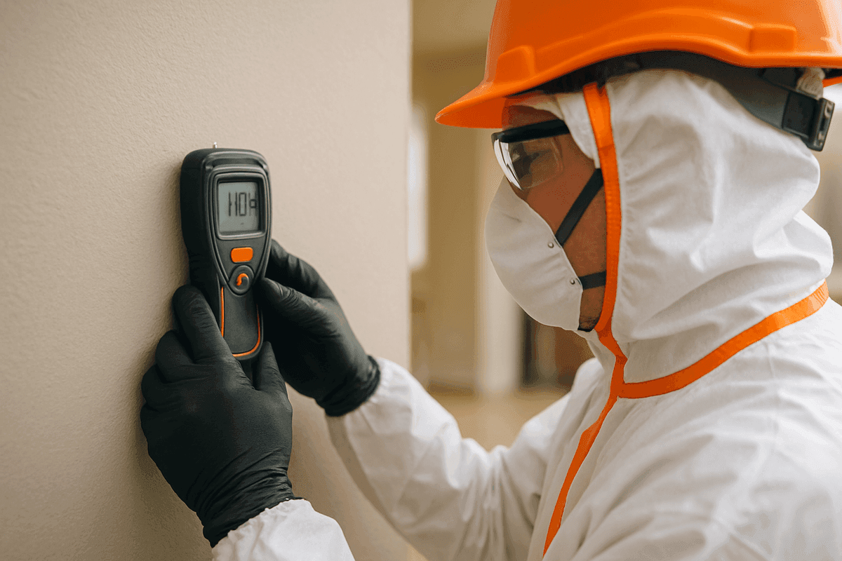 Close-up of gloved hands using moisture meter on drywall during mold inspection