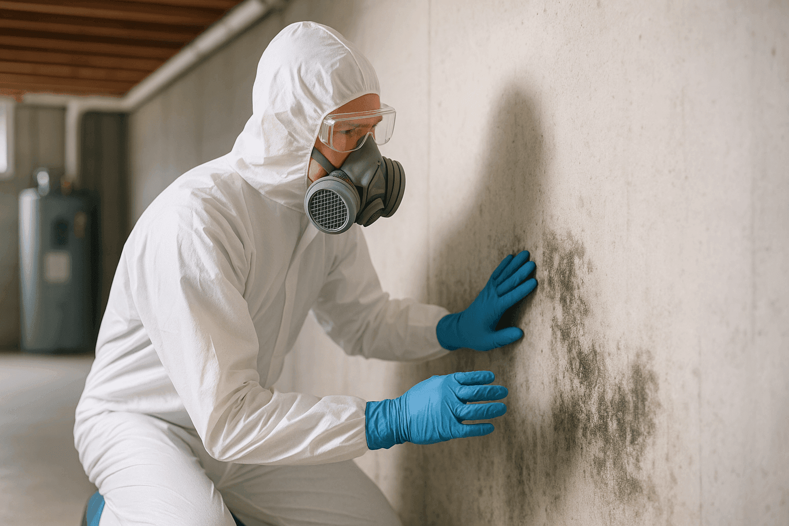 Technician inspecting basement wall for mold growth