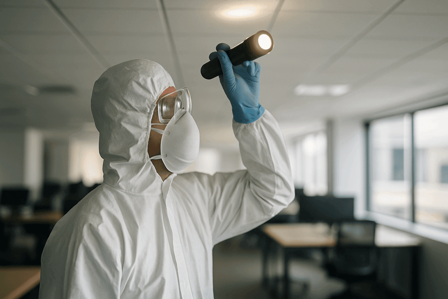 Inspector assessing office ceiling for mold with flashlight