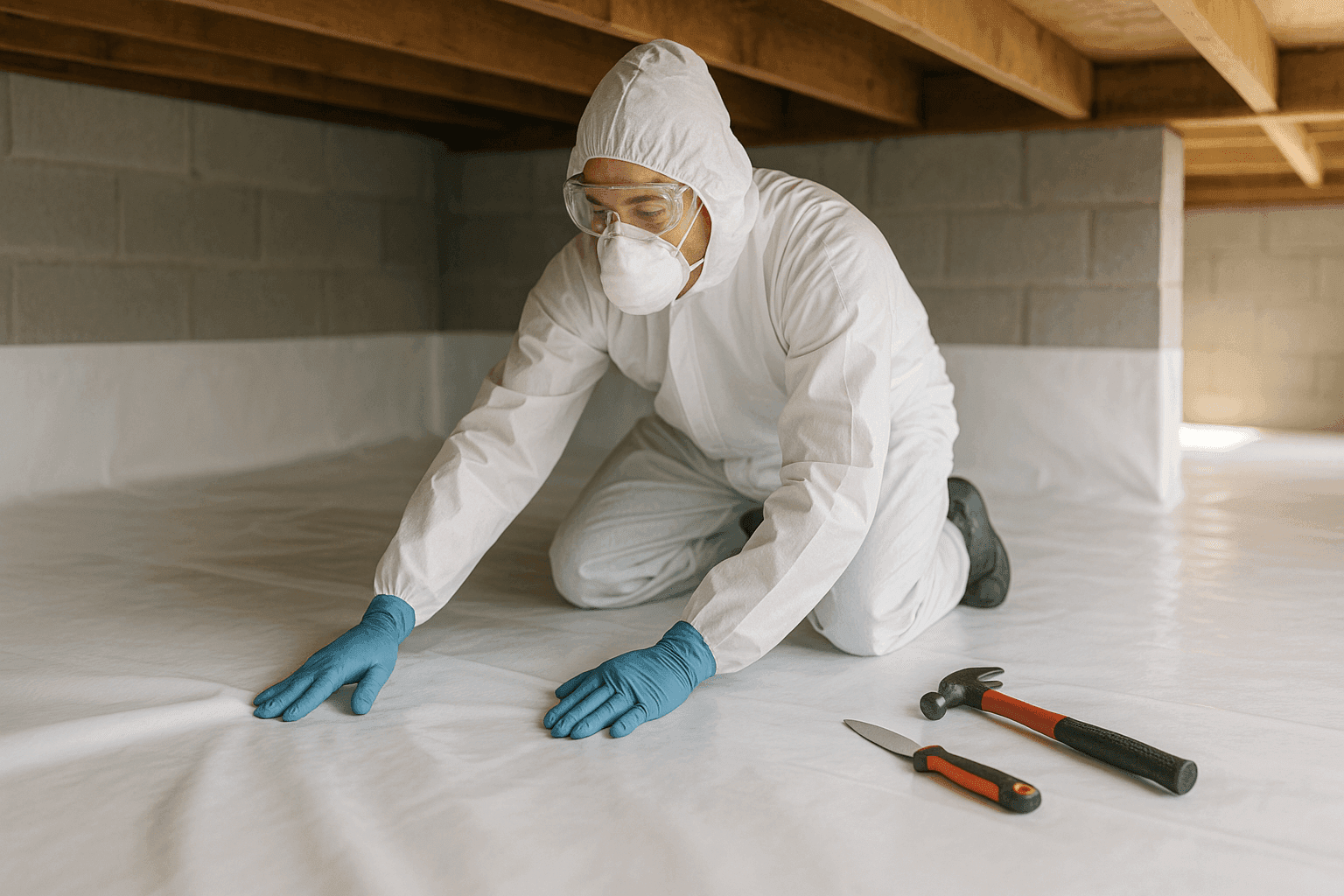 Trabajador instalando una barrera de vapor en un espacio de arrastre limpio