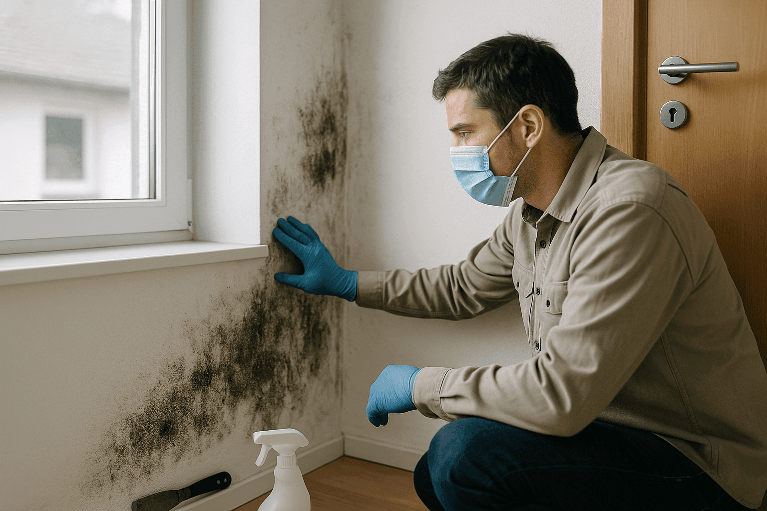 Homeowner inspecting mold growth on interior wall wearing protective gloves and mask